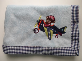 Lambs &amp;  Ivy Bear in an Airplane Baby Blanket  Blue check trim - £30.72 GBP