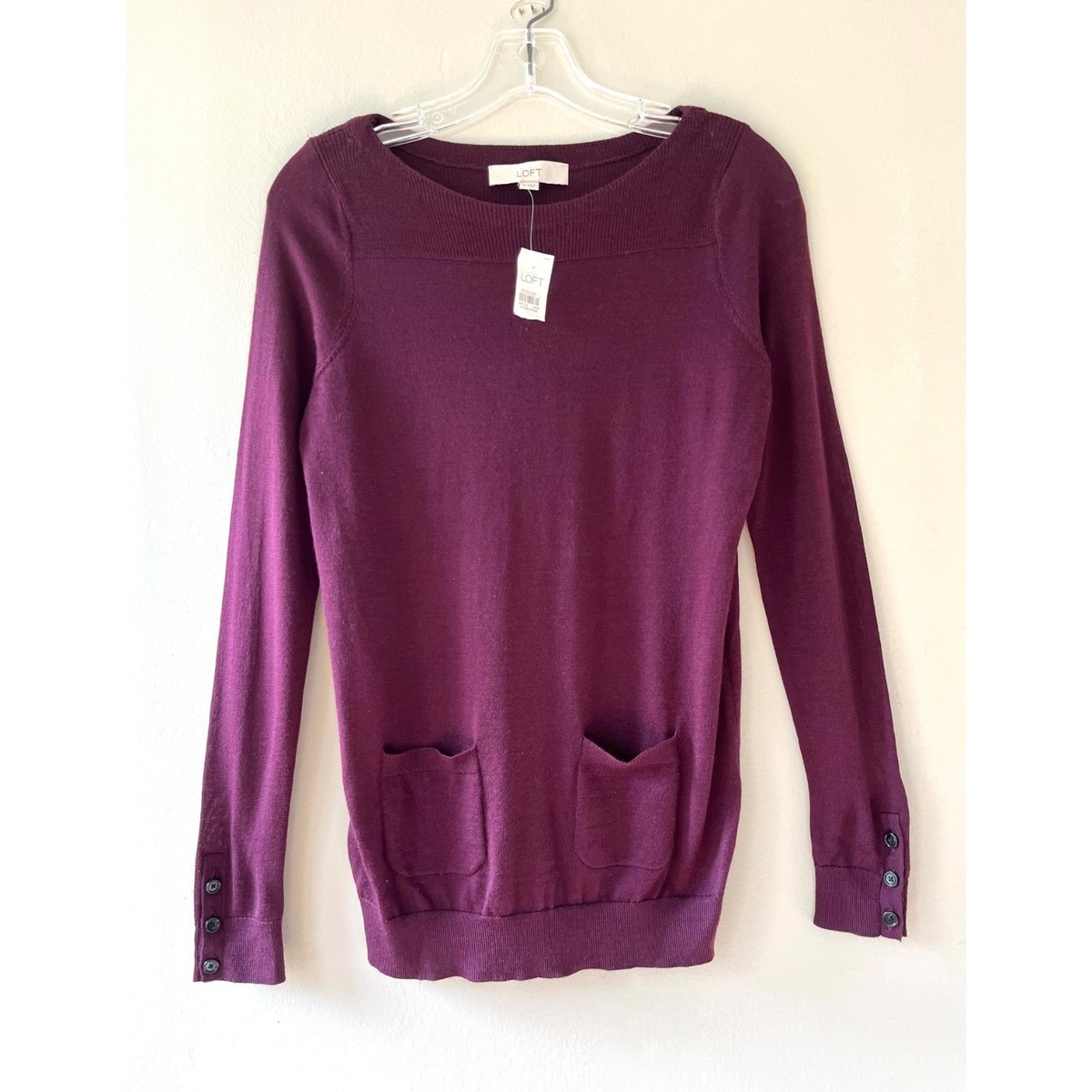 Loft Sz S Purple Pullover Knit Sweater Buttoned Cuffs Stretch Front Pockets - $30.10
