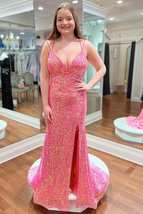 Stunning Pink Sequin V-Neck Mermaid Long Evening Dress,Leg Split Formal Gala Dre - £135.81 GBP