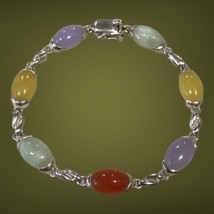 Chinese Export Sterling silver &amp;multi colored jade cabochons bracelet 7.5” 18gra - £74.20 GBP
