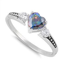 Sterling Silver Heart Rainbow Topaz CZ Ring - £19.94 GBP