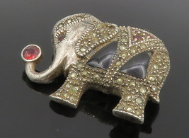 925 Silver - Vintage Black Onyx Marcasite &amp; Garnet Elephant Brooch Pin - BP5113 - £38.60 GBP