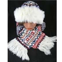VTG Hanes Her Way Fair Isle Knit Fringe Scarf + White Fur Winter Hat Set 1980&#39;s - £19.40 GBP