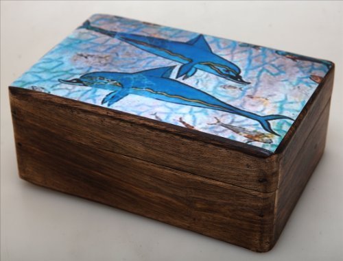 Handmade Greek Wooden Wood Box with Dolphins From Minoan Drawings / R32_3 [Home] - $39.10