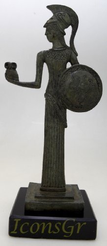 Ancient Greek Bronze Museum Statue Replica of Athena with Owl and Shield (1102)