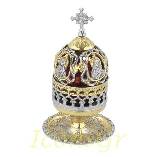 Greek Christian Orthodox Bronze Table Oil Lamp - 9580gn