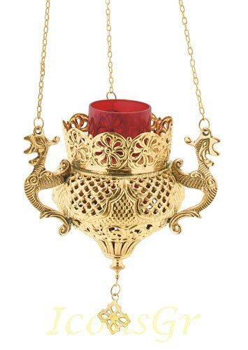 Greek Christian Orthodox Bronze Oil Lamp with Chain- 9688g [Kitchen]