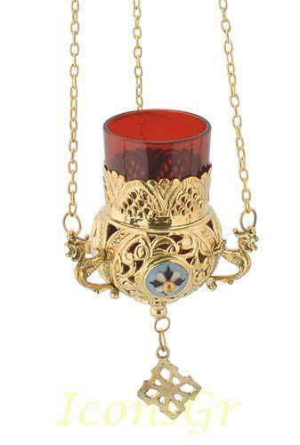 Greek Christian Orthodox Bronze Oil Lamp with Chain- 9685g [Kitchen]
