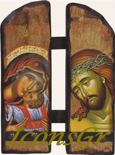 Wooden Greek Christian Orthodox Wood Icon of Mother of Jesus & Jesus Christ /N15
