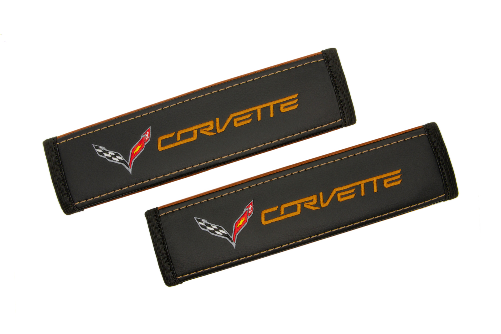 CORVETTE C7 Leather Car Seat Belt Covers Brown Embroidery Cushion Shoulder Pads - $70.00