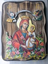 Wooden Greek Christian Orthodox Wood Icon of Mother of Jesus &amp; Jesus Chr... - $52.23