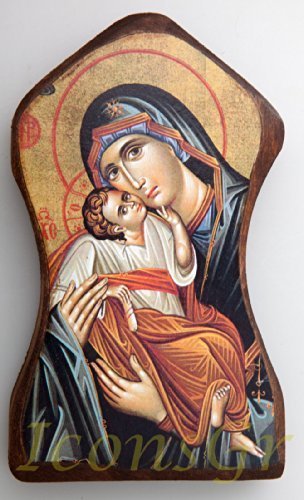 Wooden Greek Christian Orthodox Wood Icon of Mother of Jesus & Jesus Christ /...