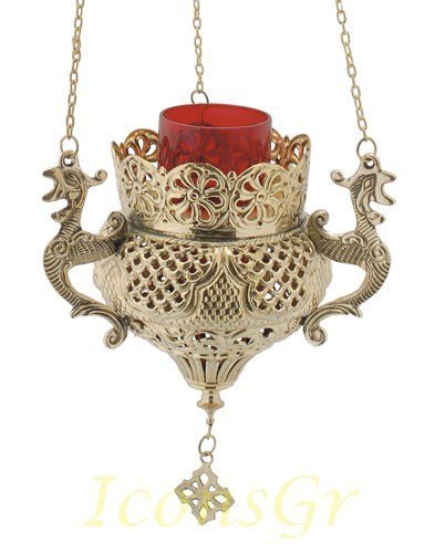 Greek Christian Orthodox Bronze Oil Lamp with Chain - 9688b [Kitchen]