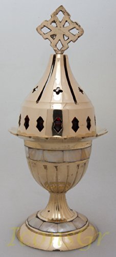 Greek Christian Orthodox Bronze Table Oil Lamp with Ivory - 4301b Mop