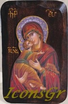 Wooden Greek Christian Orthodox Wood Icon of Mother of Jesus &amp; Jesus Chr... - $46.75