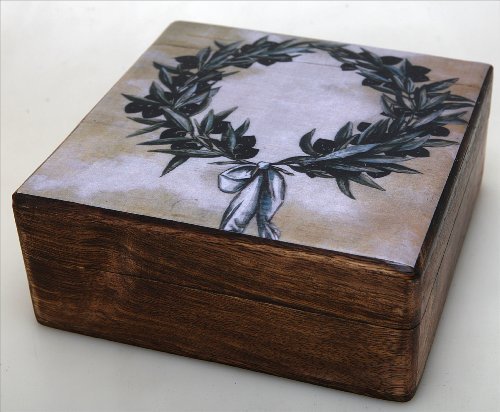 Handmade Greek Wooden Wood Box with the Olive Wreath / R31_3 [Kitchen]