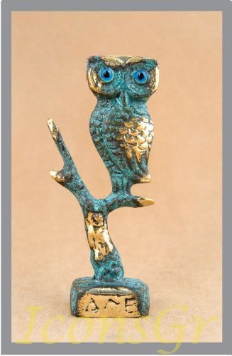Ancient Greek Bronze Museum Statue Replica of Owl on a Podium (547) [Kitchen]