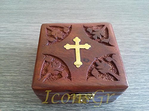 Handmade Christian Orthodox Wooden Olive Wood Storage Box with Decorative Cro...