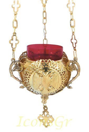 Greek Christian Orthodox Bronze Oil Lamp with Chain- 9894g