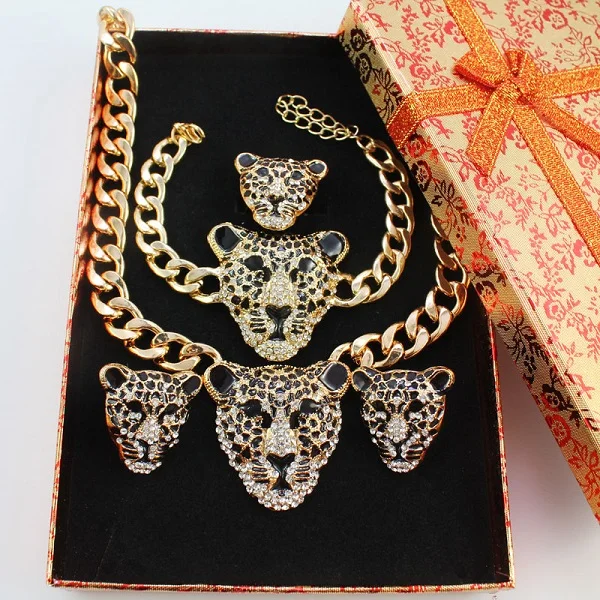 Cool Black Enamel Leopard Head Crystal Necklace Set For Women/Men Trendy GolCost - £26.73 GBP