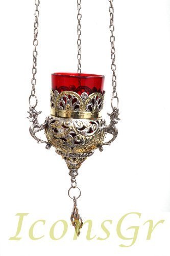 Greek Christian Orthodox Bronze Oil Lamp Gold Plated with Chain - 9503gn