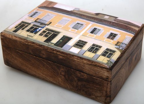 Handmade Greek Wooden Wood Box with a Building in Plaka Athens / R33 [Kitchen]