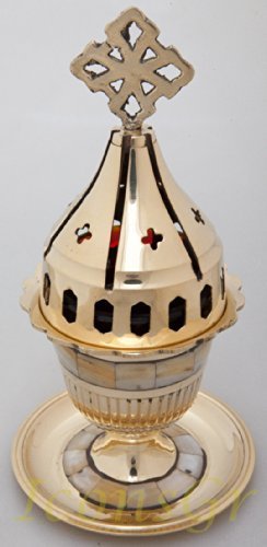 Greek Christian Orthodox Bronze Table Oil Lamp with Ivory - 4301a Mop
