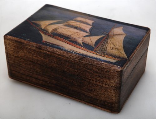 Handmade Greek Wooden Wood Box with Greek Commercial Ship / R32 [Kitchen] - $39.10