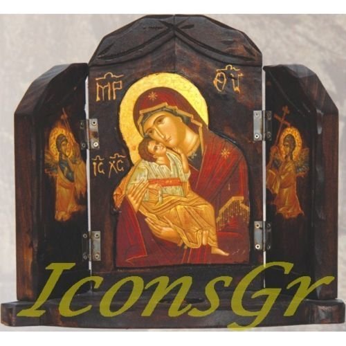 Wooden Greek Christian Orthodox Triptych Wood Icon Display of Mother of Jesus