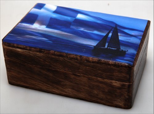 Handmade Greek Wooden Wood Box with Greek Flag / R32_2 [Kitchen]