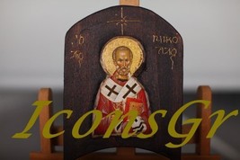 Wooden Greek Orthodox Wood Icon of Saint Nicolas / Th1 [Toy] - £61.74 GBP