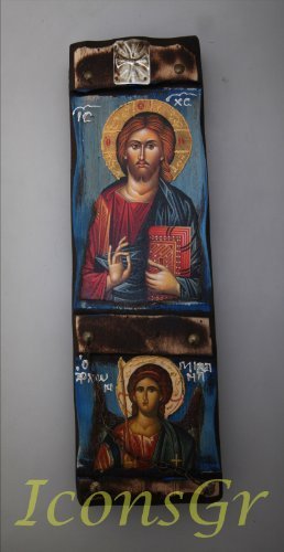 Wooden Greek Christian Orthodox Wood Icon of Archangel Michael & Jesus Christ... - $81.73