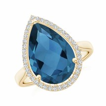 Pear-Shaped London Blue Topaz Cocktail Ring with Diamond Halo 14k Gold Size 3-13 - £1,127.27 GBP