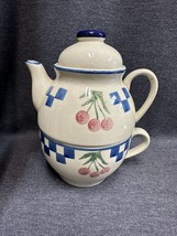 Vintage Pottery Teapot Set Stoneware With Stacking Teacup Cherries Blue &amp; White - £11.10 GBP