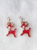 Xmas In July!! Petite Gold Reindeer Drop Earrings 1/2&quot; Red Enamel Reduced!! - £2.29 GBP