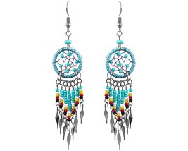 Native American Inspired Dream Catcher Long Seed Beaded Metal Dangle Ear... - £13.59 GBP