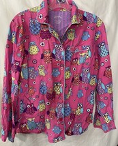 Nick &amp; Nora Pajama Top Owls Long Sleeve Sz S Dark Pink Buttons 100% Cotton - £20.62 GBP