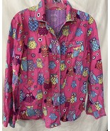 Nick &amp; Nora Pajama Top Owls Long Sleeve Sz S Dark Pink Buttons 100% Cotton - £20.62 GBP