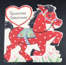 VTG 1950s Gibson Happy Red Painted Horse w/ Pink Hearts Valentine Greeting Card - $9.49