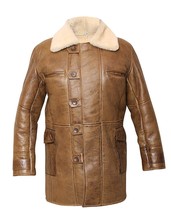 Men&#39;s Swedish Bomber Distressed Brown Real Shearling Sheepskin Leather Coat - £184.73 GBP