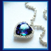 Stunning Crystal Heart Ocean Blue Austrian Swarovski Rhinestone Circled Necklace - £53.04 GBP