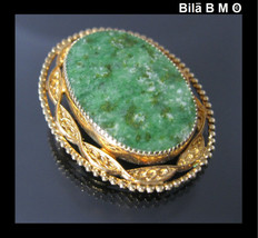 Vintage CATAMORE 12K GOLD-FILLED Green JADE Brooch Pin - £35.97 GBP