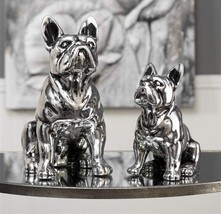 Silver Bulldog Statues Set of 2 Dog Dolomite Home Decor 12" and 8.9" High