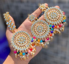 Kundan Tikka Jhumka Earrings Round Bridal Festival Jewelry Chic Set Punjabi 3 - £26.04 GBP