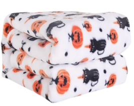 Halloween White Baby Blanket Cats Pumpkins Soft Throw Plush Flannel Fleece Fall - £19.32 GBP