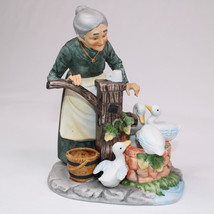 Vintage Lefton 5755 Figurine Bisque Porcelain Woman At Water Pump With Ducks - $16.35