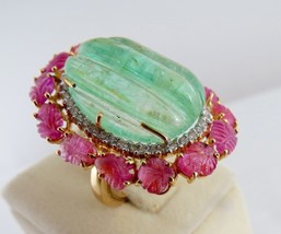 Vintage natürlicher Smaragd Rubin geschnitzter Diamant Edelstein 18K Gol... - $3,516.10