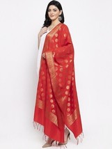 Women Red &amp; Gold Toned Woven Design Banarsi Silk Dupatta Free Shipping - £11.41 GBP