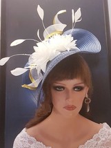BLUE &amp; WHITE HAT Fascinator Silver or Gold Swril Floral Hatinator Wedding, Race, - £75.93 GBP