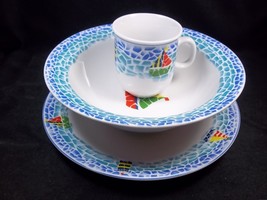 Porcelain Child&#39;s Sailboat plate bowl mug set with blue Mosaic rims - $27.95